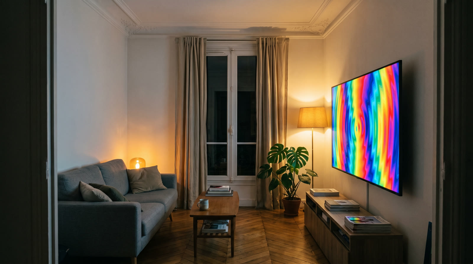 Small Paris apartment with SlopMotion ripple visuals playing full-screen on a wall-mounted TV