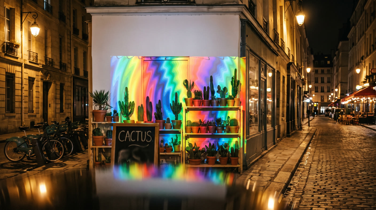 Night-time cactus pop-up shop on a Paris street with ripple visuals projected behind the plants